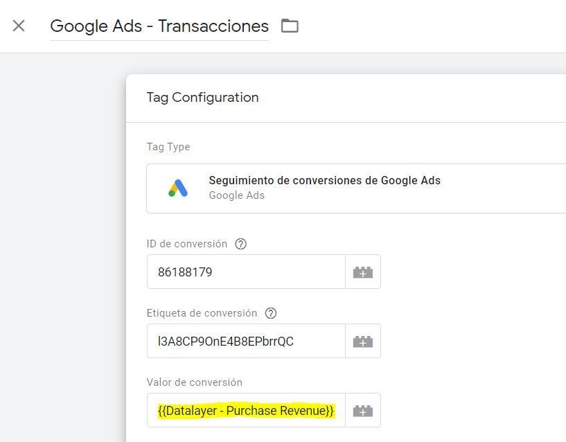Configuración de la etiqueta de conversión de Goolge Ads en Google Tag Manager
