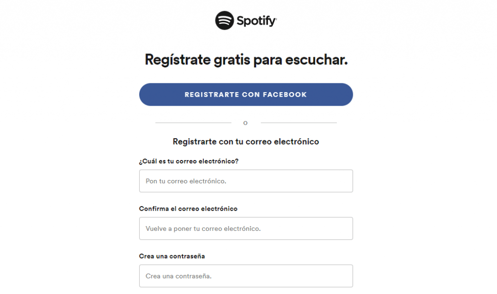 Formulario de registro de Spotify con registro social