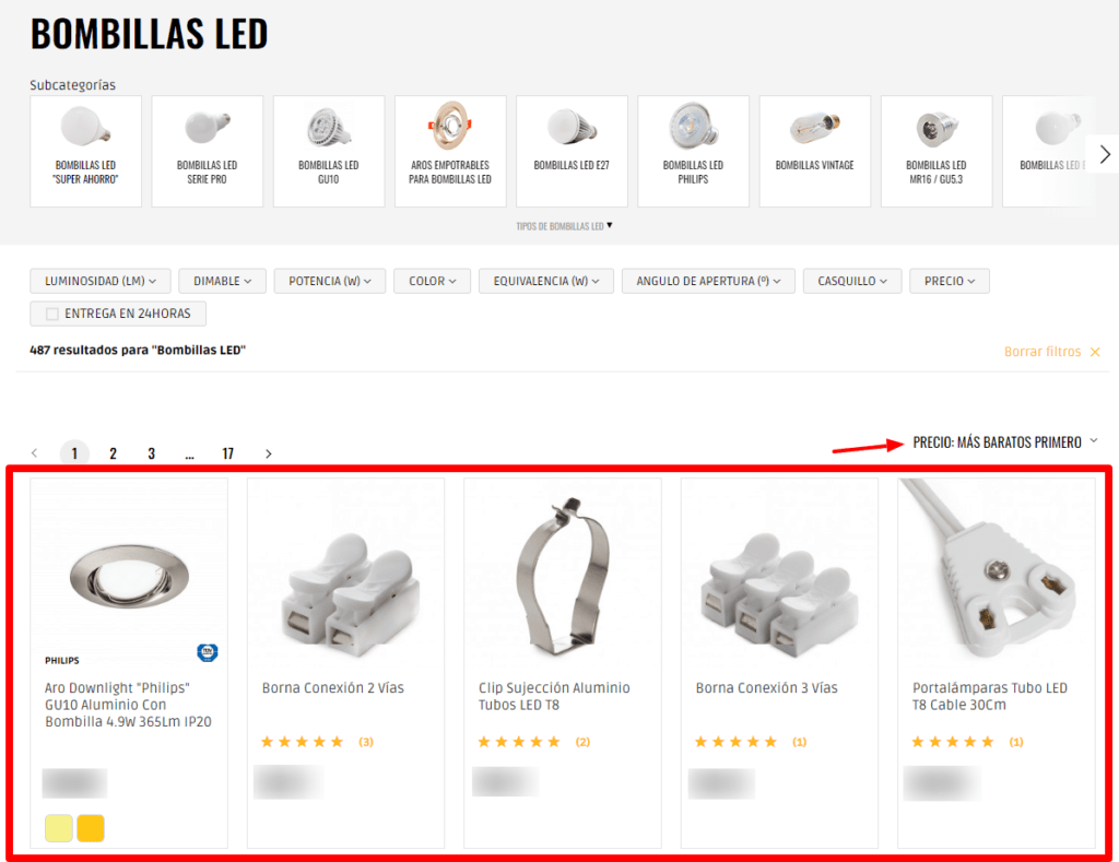Captura de una tienda de iluminación LED que sirve para ilustrar el tipo de productos que se mostrarían en primer lugar si se ordenaran por Precio: más baratos primero
