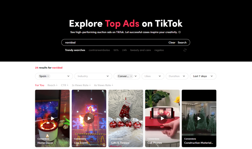 Imagen mostrando la Librería de anuncios de Tiktok