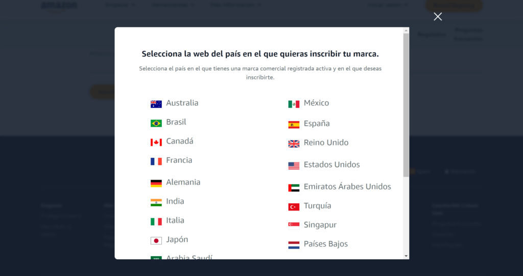 Lista con algunos de los países en los que puedes inscribir tu marca en Amazon